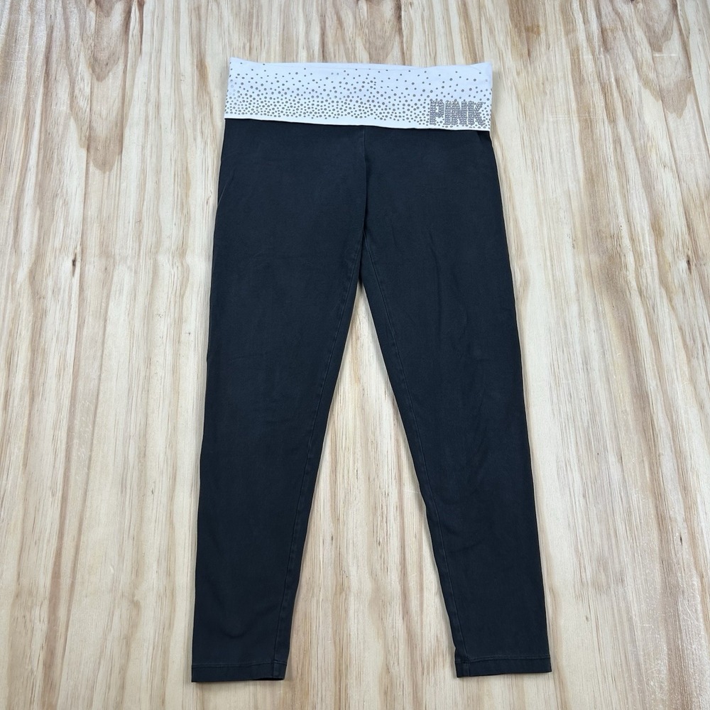 VS PINK Bling Y2K Style Fold Over Yoga Pants Crop Sequin Logo Spellout Sz M